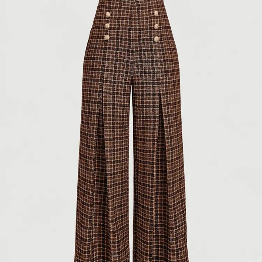 Vintage Plaid High-Waisted Wide-Leg Casual Pants Size L